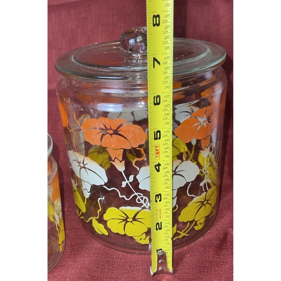 Pair Anchor Hocking Glass Jar Canisters Orange Yellow White Morning Glories 2 - Picture 2 of 7